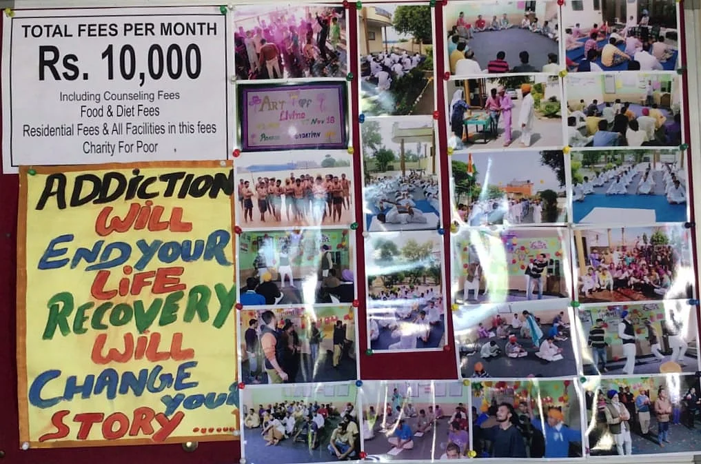 The fees of the Adarsh Foundation centre is Rs 10,000 and on the right are photographs of addicts doing yoga, playing Holi and singing among other things.