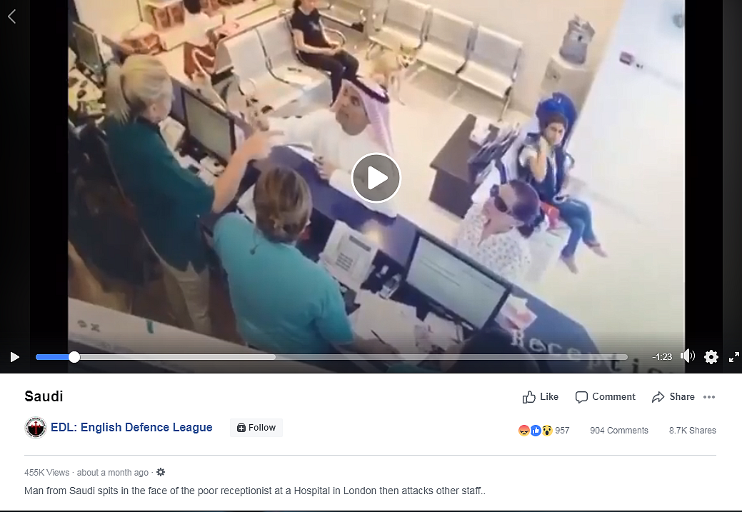 The video was shared with the caption claiming that the incident took place in London in 2018, and that the attacker was a Saudi citizen.