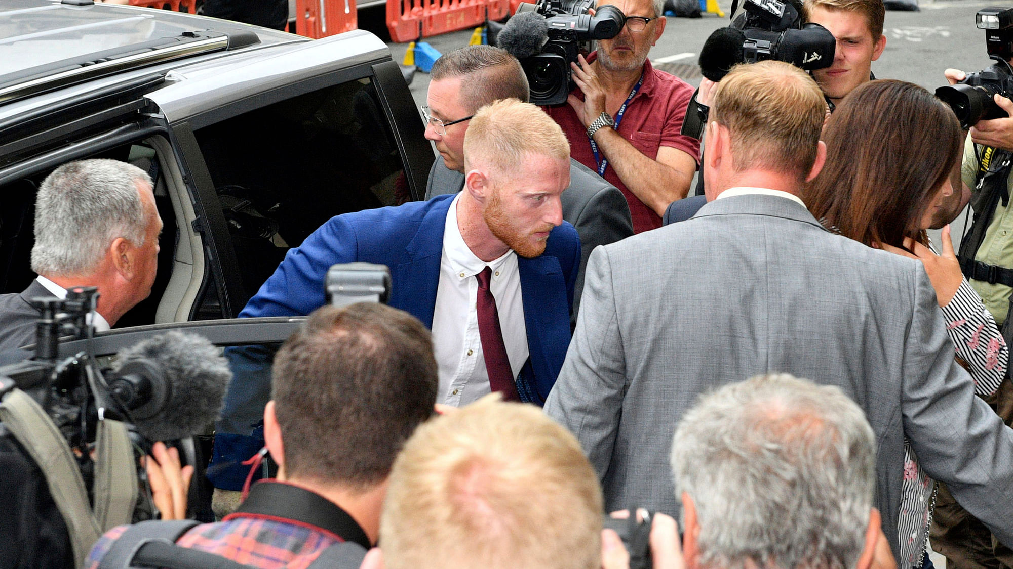England cricketer Ben Stokes (centre) arrives at Bristol Crown Court accused of affray.&nbsp;