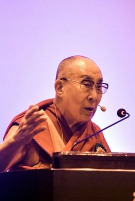Bengaluru: Tibetan spiritual leader the Dalai Lama addresses during "Thank You Karnataka" an event to mark 60th year of Tibetan arrival to India, in Bengaluru on Aug 10, 2018. (Photo: IANS)