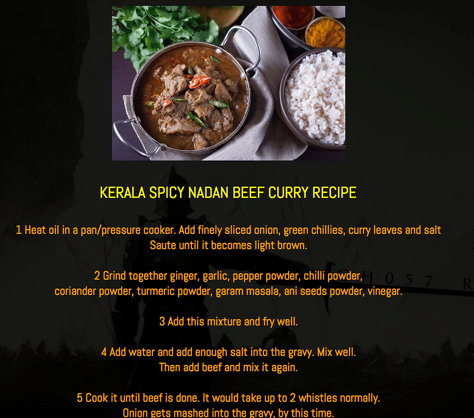 The homepage of the Hindu Mahasabha website displayed a recipe of “Kerala Spicy Nadan Beef Curry”.