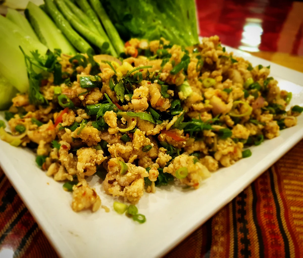 Larb, a fiery meat salad.