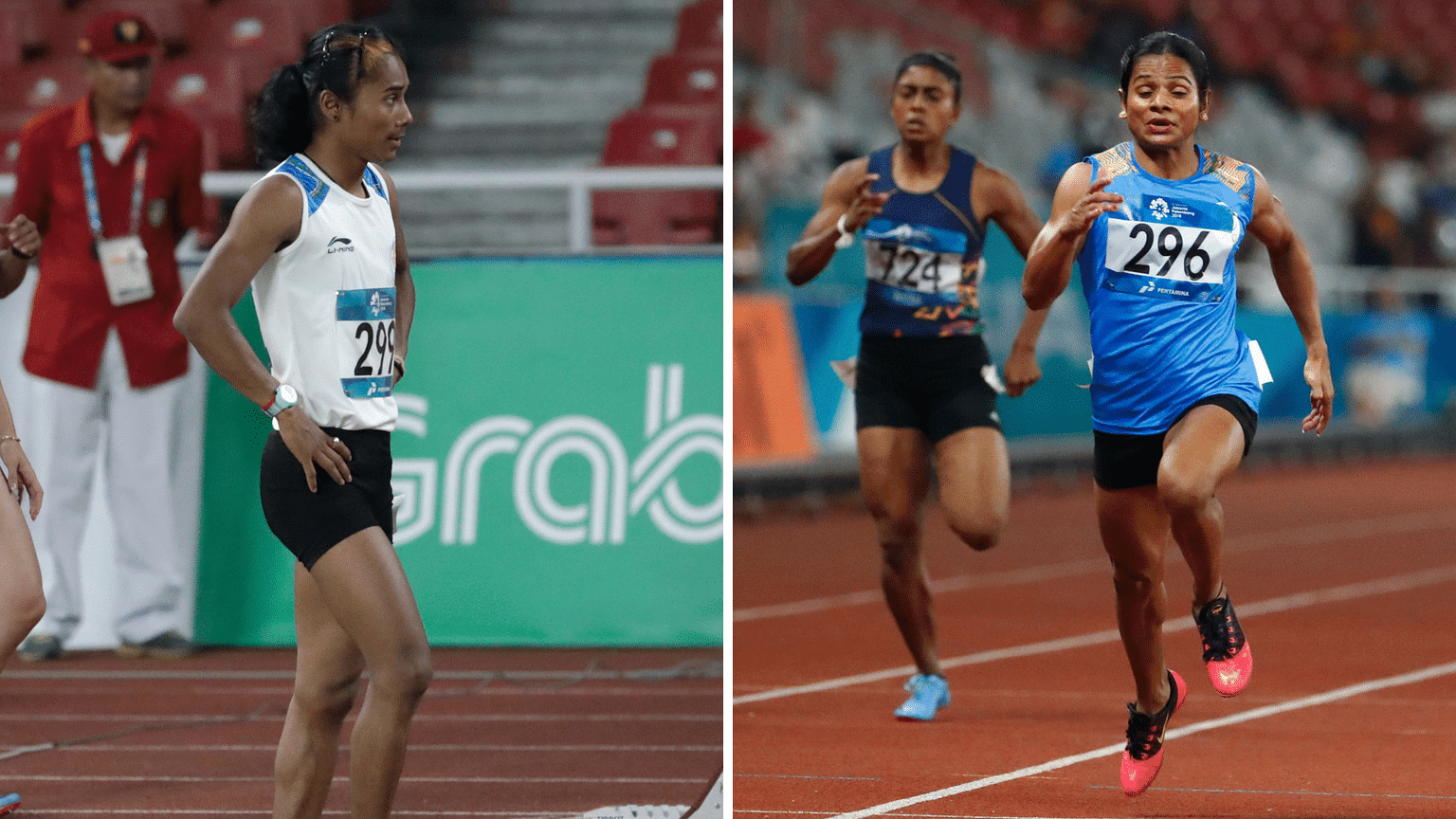 Dutee Chand (left) after her disqualification in women’s 200m semi-final and Dutee Chand during her semi-final.
