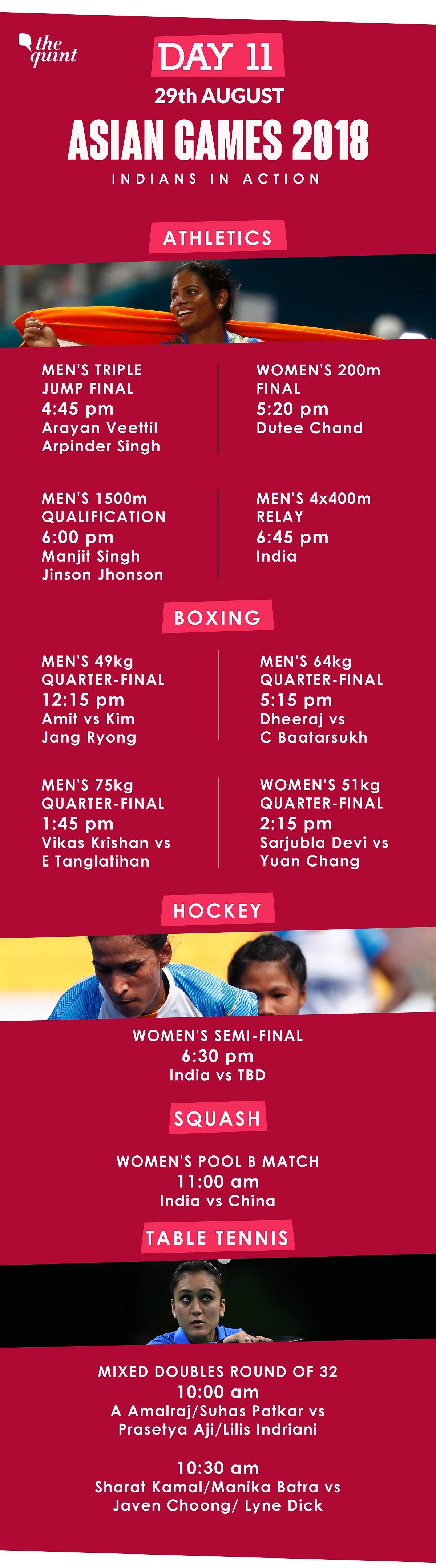 Asiad Day 11 Schedule: Women’s Hockey in Semis, Dutee in Final