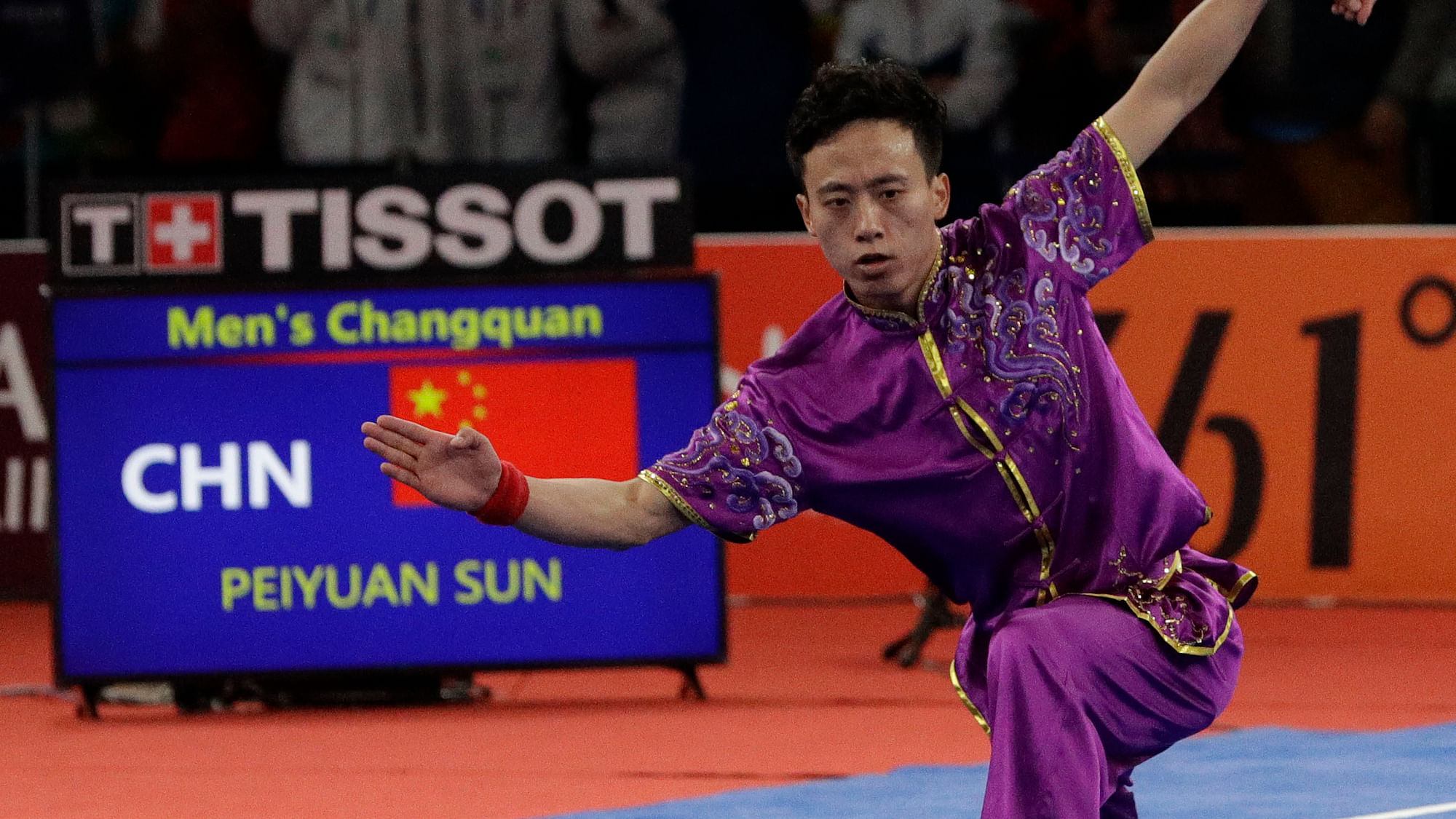 China’s Peiyuan Sun perform during the Wushu games at the 18th Asian Games in Jakarta, Indonesia on Sunday, Aug. 19, 2018. Sun won gold in the event