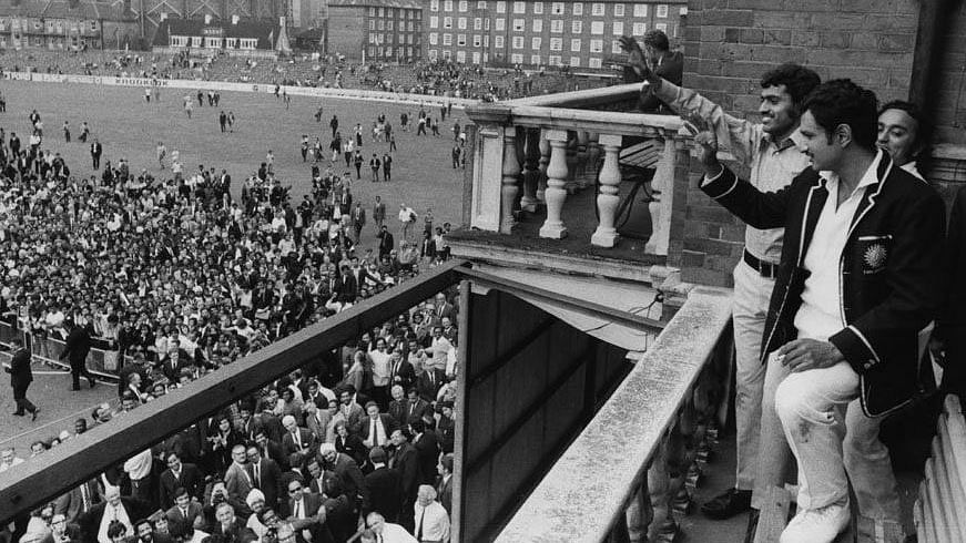 Captain Ajit Wadekar and leg-spinner Bhagwath Chandrasekhar wave to the crowd at The Oval after helping India win their first-ever Test series in England.
