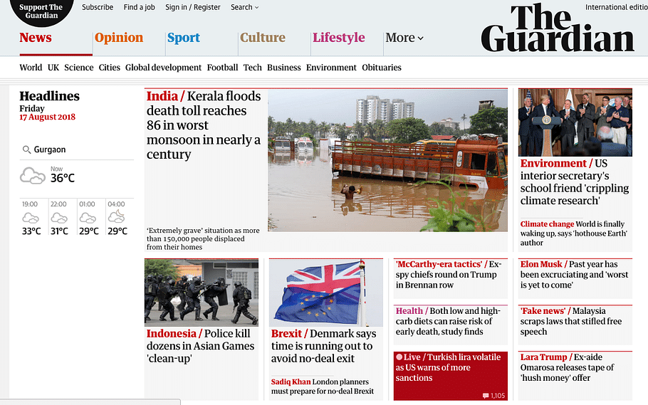Screenshot of The Guardian website on 17 August, 5 pm.