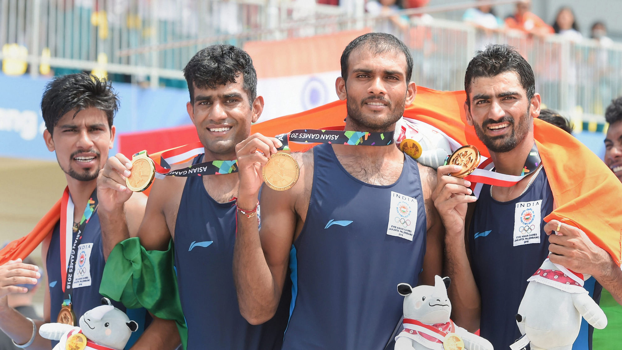 Dattu Baban Bhokanal, Sawarn Singh, Om Prakash and Sukhmeet Singh finished on top of the podium in the Men’s Quadruple Sculls rowing event.