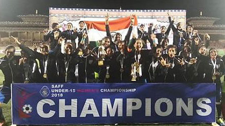 The Indian team celebrate after winning the SAFF U-15 Championship.