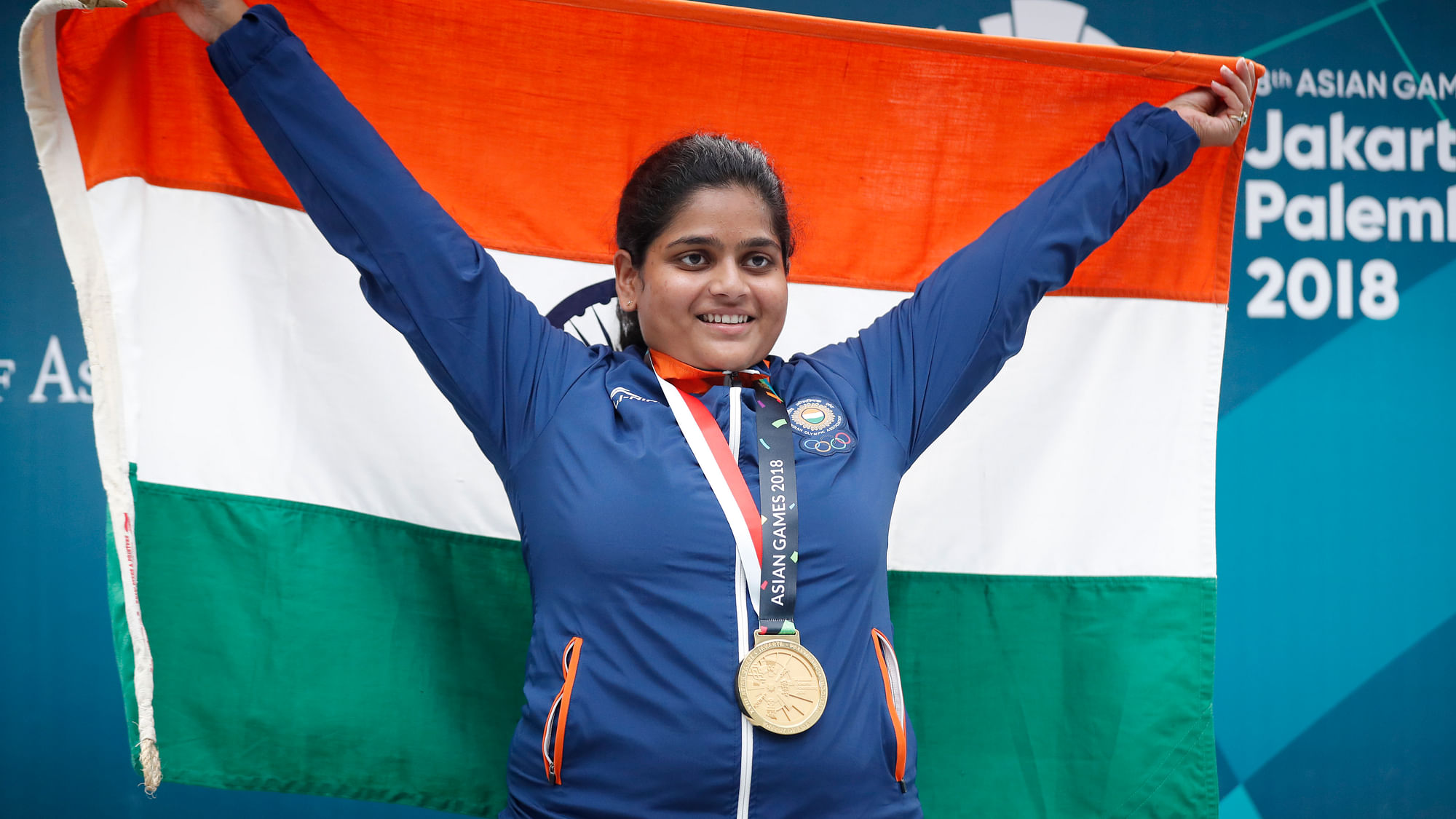 India’s Rahi Jeevan Sarnobat during the awards ceremonies for the 25m pistol women’s shooting event at the 18th Asian Games in Palembang, Indonesia.
