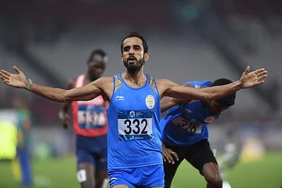 JAKARTA, Aug. 28, 2018 (Xinhua) -- Manjit Singh of India celebrates after men