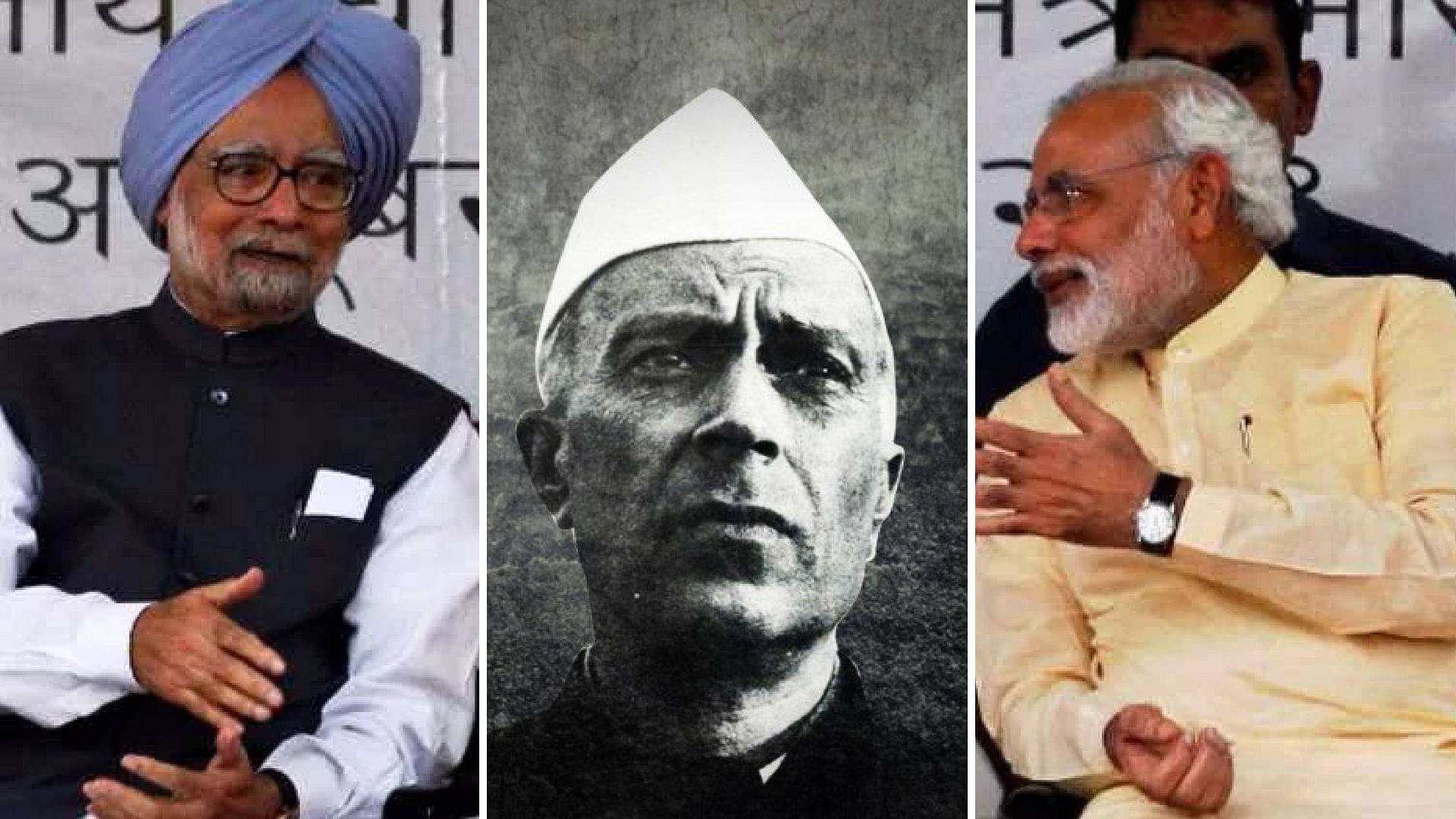 Former Prime Minister Manmohan Singh (left), India’s first Prime Minister Jawaharlal Nehru (center), and Prime Minister Narendra Modi (right)