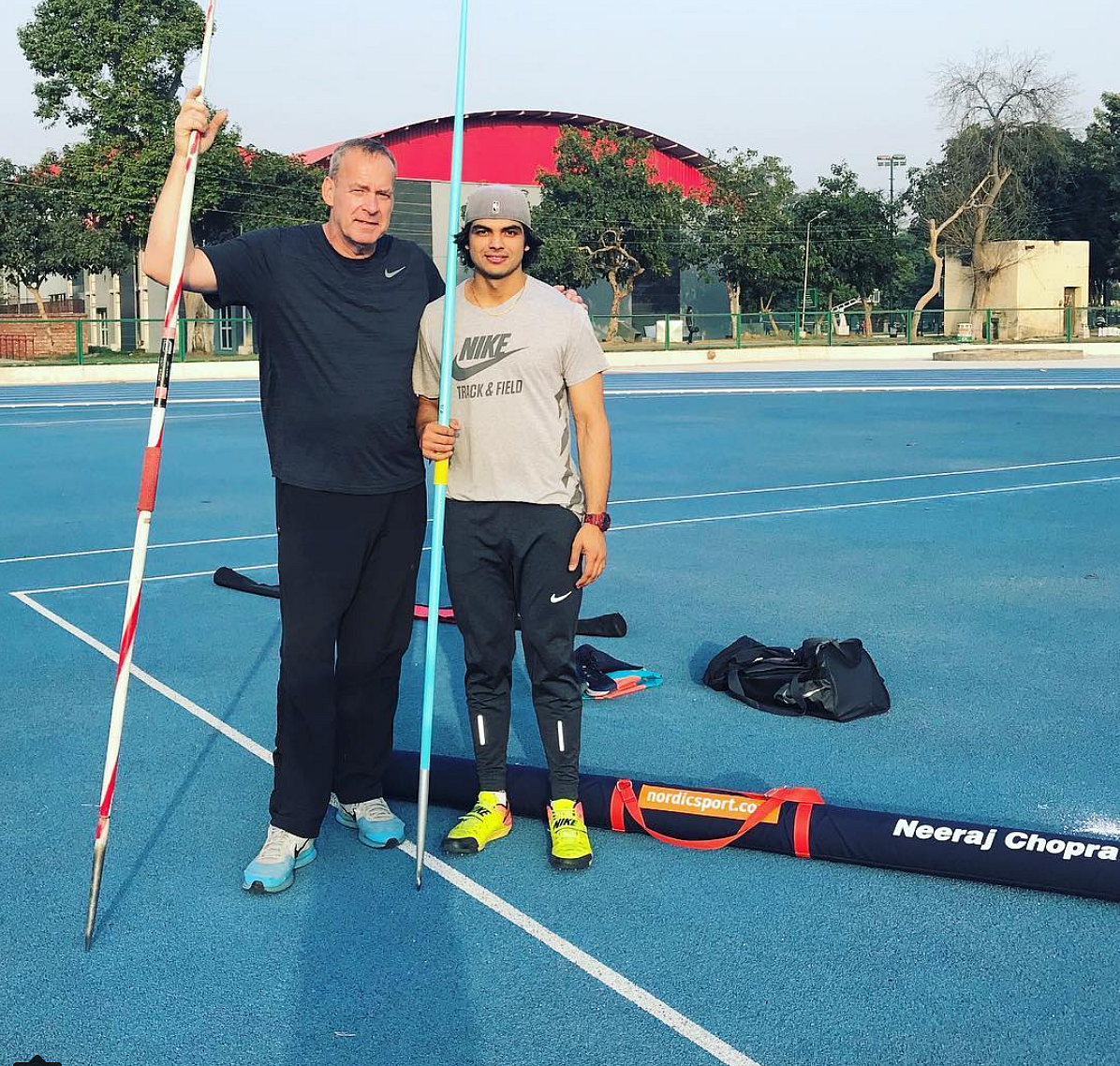 Neeraj with his German coach Uwe Hohn at a training camp in Patiala.