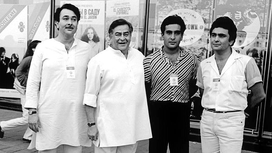 Raj Kapoor (second from left) with his three sons Randhir, Rajiv and Rishi Kapoor.&nbsp;