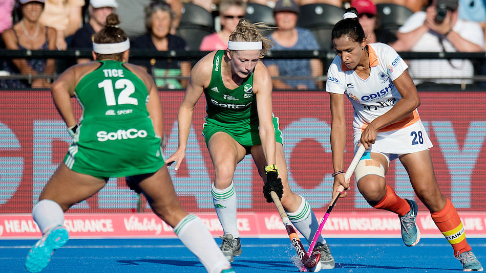 India’s Rani Rampal vies for the ball against Ireland in the quarter-finals of the World Cup.