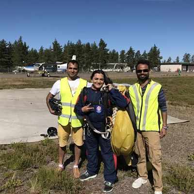 Helsinki: Indian adventurist Shital Rane-Mahajan who dived from over 5000 feet height in the Finland skies with the Indian Tricolour to mark the 72nd Independence Day celebrations; in Helsinki, Finland on Aug 15, 2018. (Photo: IANS)