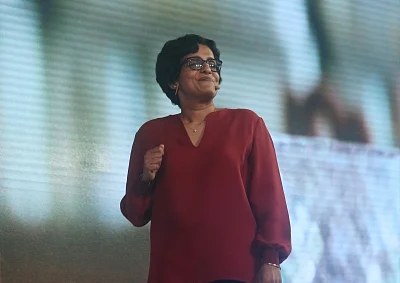 New Delhi: Google Maps Vice-President Gayathri Rajan addresses during "Google for India" programme, in New Delhi, on Aug 28, 2018. (Photo: IANS)