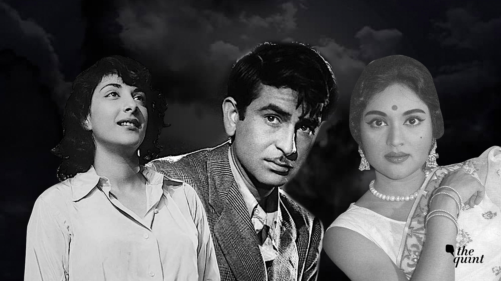 Raj Kapoor and with his two popular leading ladies - Nargis and Vyjayanthimala.