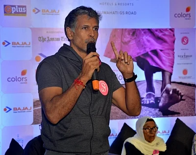 Guwahati: Actor and Pinkathon founder Milind Soman addresses a press conference announcing the fourth edition of Pinkathon 2018, in Guwahati on Aug 27, 2018. (Photo: IANS)