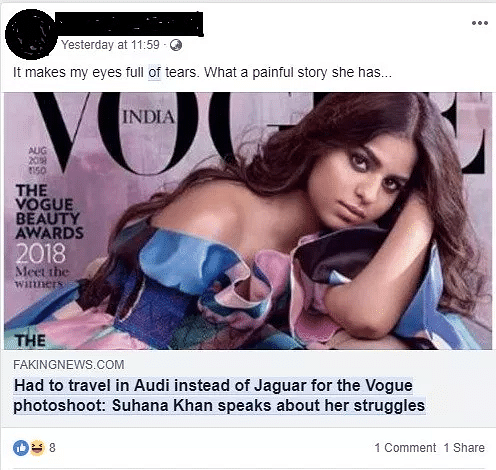 The piece was a work of satire by Fakingnews.com, taking a dig at Suhana Khan’s Vogue photoshoot.