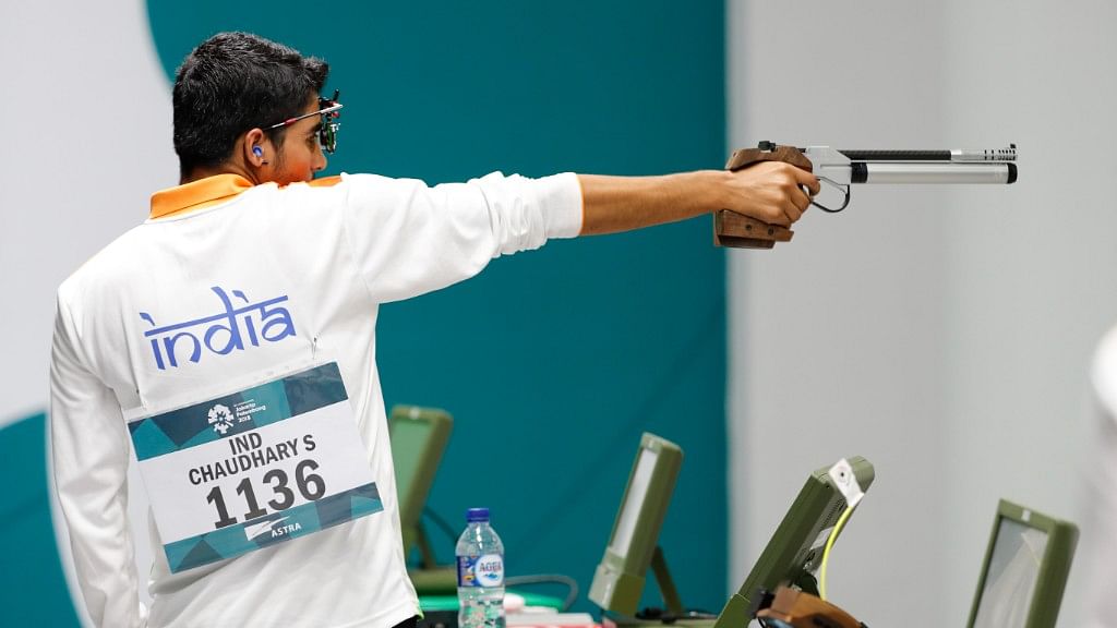 India’s Saurabh Chaudhary in action at the 10m air pistol men’s final shooting event.