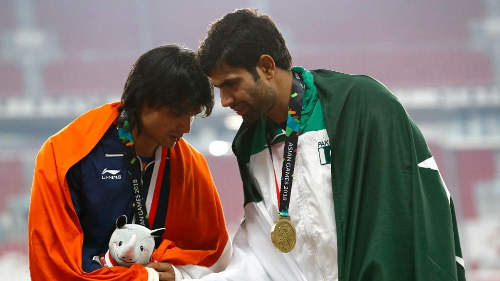 Neeraj Chopra and Arshad Nadeem greet each other at the medal ceremony. Neeraj won the gold while Pakistan’s Nadeem bagged the silver medal.
