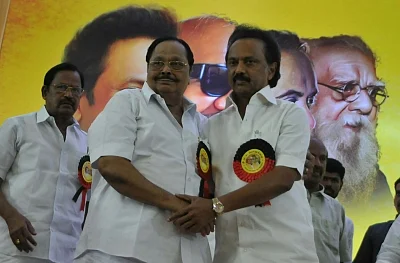 Chennai: Former Union Minister MK Alagiri greets MK Stalin after being elected as the new DMK President, in Chennai, on Aug 28, 2018. (Photo: IANS)