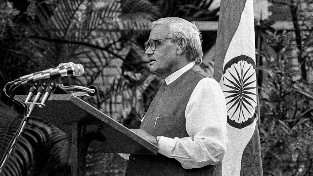  In this 11 May 1998 photo, former prime minister Atal Bihari Vajpayee announces India’s nuclear test, in New Delhi. Vajpayee, 93, passed away on 16 August at AIIMS after a prolonged illness.