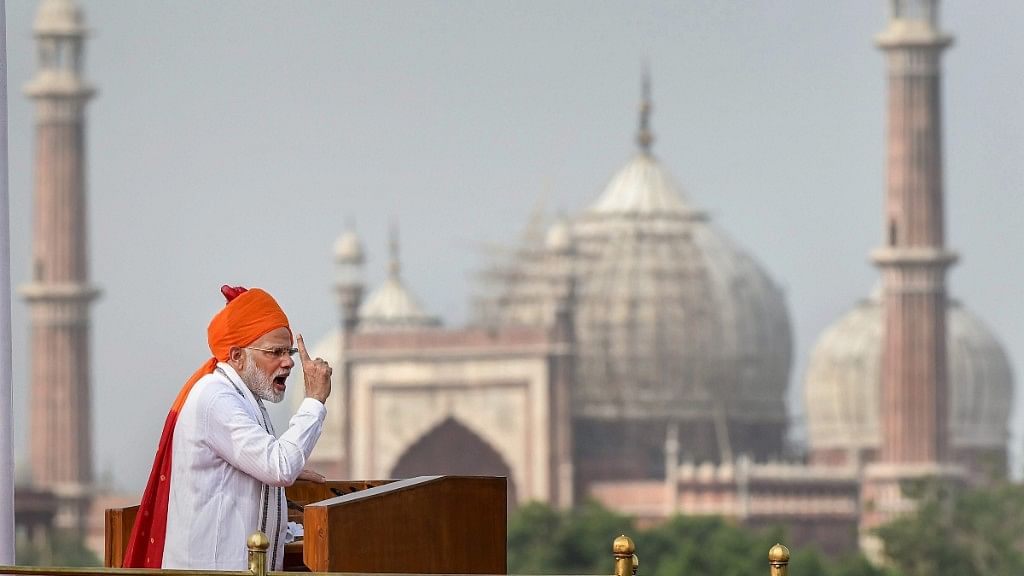Prime Minister Narendra Modi addressing the nation on the 72nd Independence Day at  Red Fort in 2018.&nbsp;