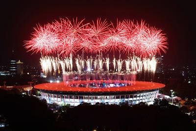 JAKARTA, Aug. 18, 2018 (Xinhua) -- Fireworks explode over the Gelora Bung Karno (GBK) Main Stadium at the opening ceremony of the 18th Asian Games in Jakarta, Indonesia, Aug. 18, 2018.(Xinhua/Huang Zongzhi/IANS)