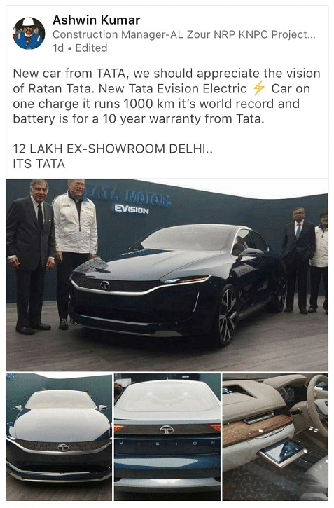 The forwarded messages about  the Tata E-Vision  running a 1,000 Km on single charge is fake. 