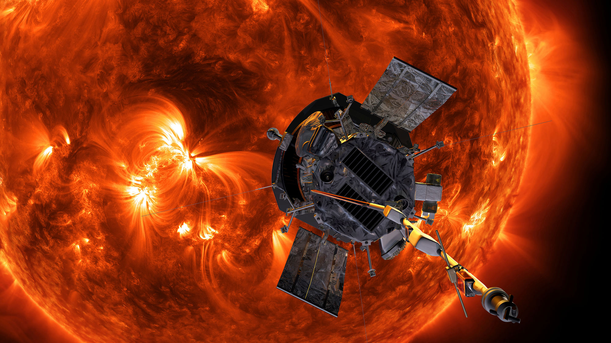 This image, made available by NASA, shows an artist’s rendering of the Parker Solar Probe approaching the Sun. It’s designed to take solar punishment like never before, thanks to its revolutionary heat shield