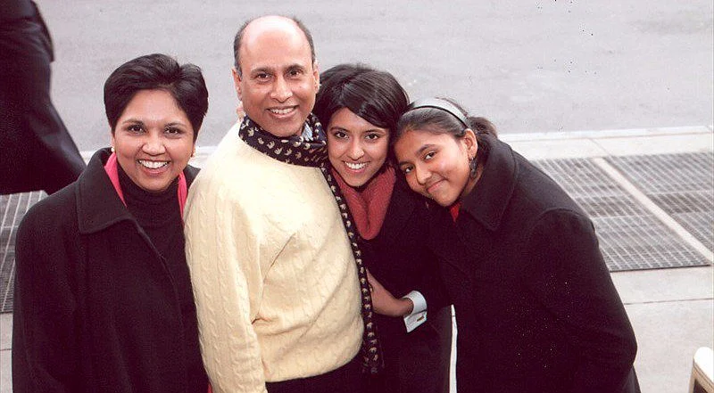 Indra Nooyi, with her husband, Raj Nooyi and their two daughters, Tara and Preetha.