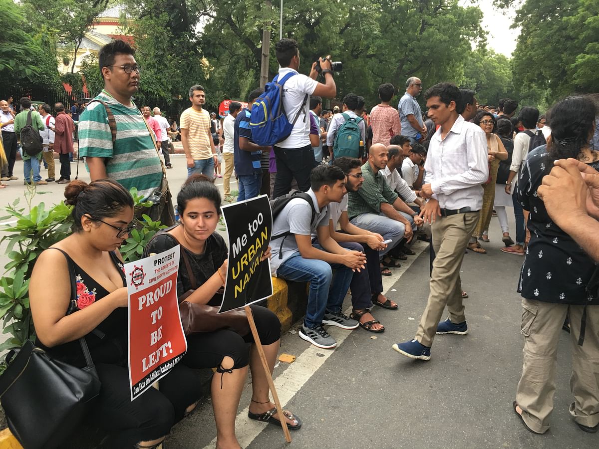Delhi’s Parliament Street saw politicians, activists, professors and students condemning arrests by Pune police.