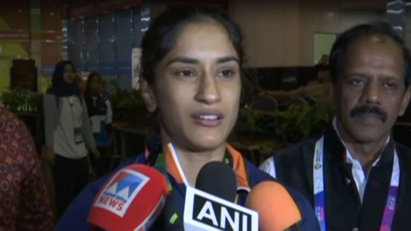 Vinesh Phogat speaks to the media after bagging a gold medal at the Asian Games.