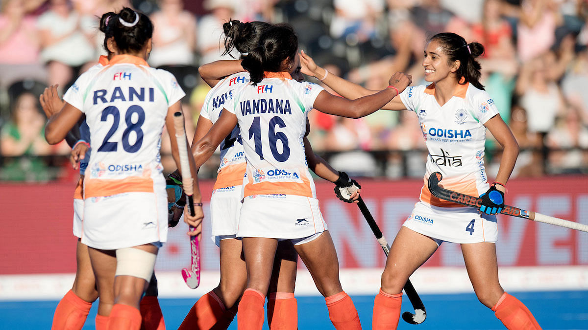 The Indian women’s team celebrate a goal during their match against Italy.