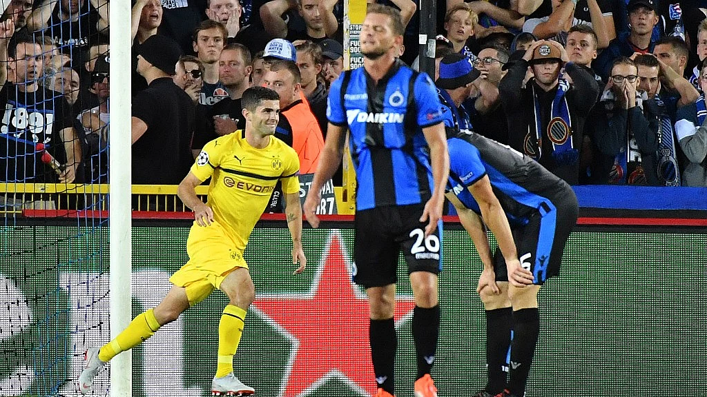 Borussia Dortmund’s Christian Pulisic came on with around 20 minutes remaining and scored in the 85th minute to give Dortmund a late 1-0 win at Club Brugge.