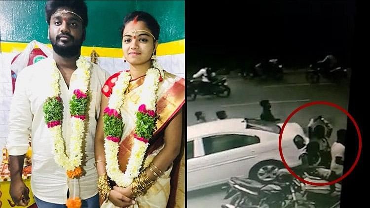 On left: File Photo of Madhavi and Sandeep. On right: CCTV footage from the attack.