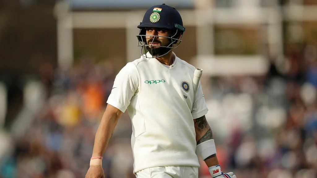 India captain Virat Kohli walks off after getting caught in slip of Ben Stokes’ bowling at the Oval in London on Saturday.