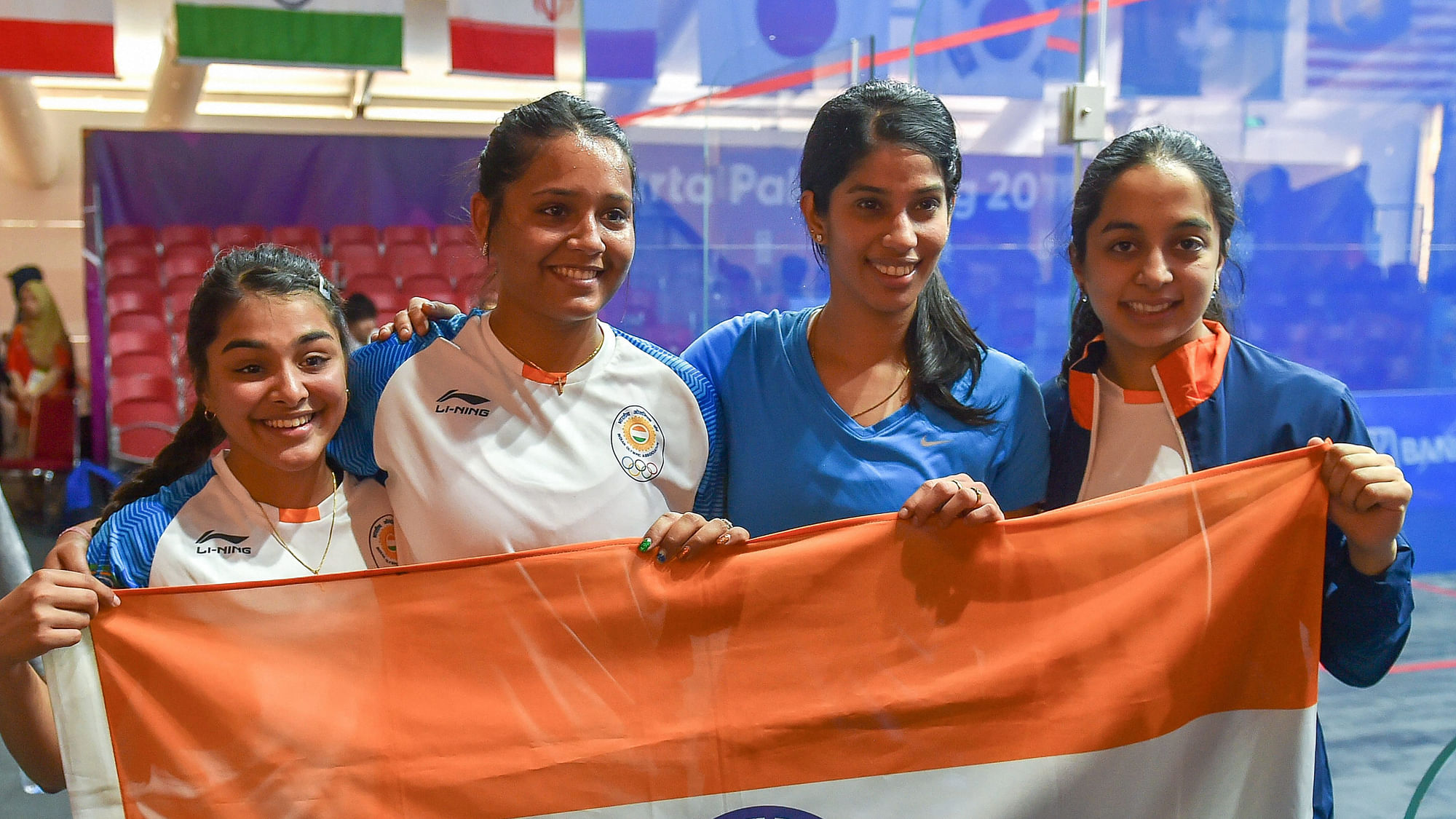 The Indian women’s squash team comprising Joshna Chinappa, Dipika Pallikal Karthik and Sunayna Kuruvilla.