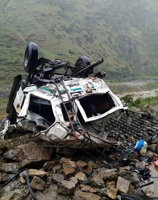 Snail: Mangled remains of the bus that skidded off the road and fell into a 100-metre deep gorge near Himachal Pradesh
