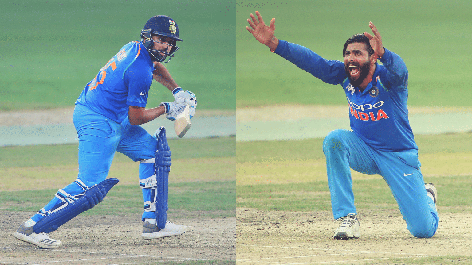 Rohit Sharma (right) en route to his 83 not out and Ravindra Jadeja in action against Bangladesh.