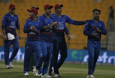 Abu Dhabi: Afghanistan players celebrate after winning the sixth match (Group B) of Asia Cup 2018 against Bangladesh at Sheikh Zayed Stadium in Abu Dhabi, UAE on Sept 20, 2018. (Photo: Surjeet Yadav/IANS)