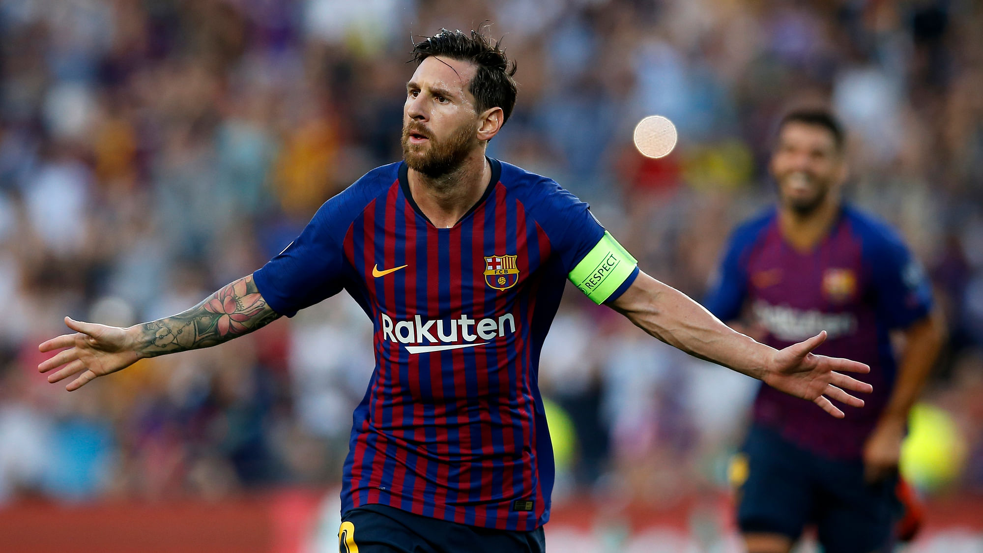 Barcelona forward Lionel Messi celebrates after scoring the opening goal of his team during the group B Champions League soccer match between FC Barcelona and PSV Eindhoven at the Camp Nou stadium in Barcelona, Spain, Tuesday, Sept. 18, 2018.&nbsp;