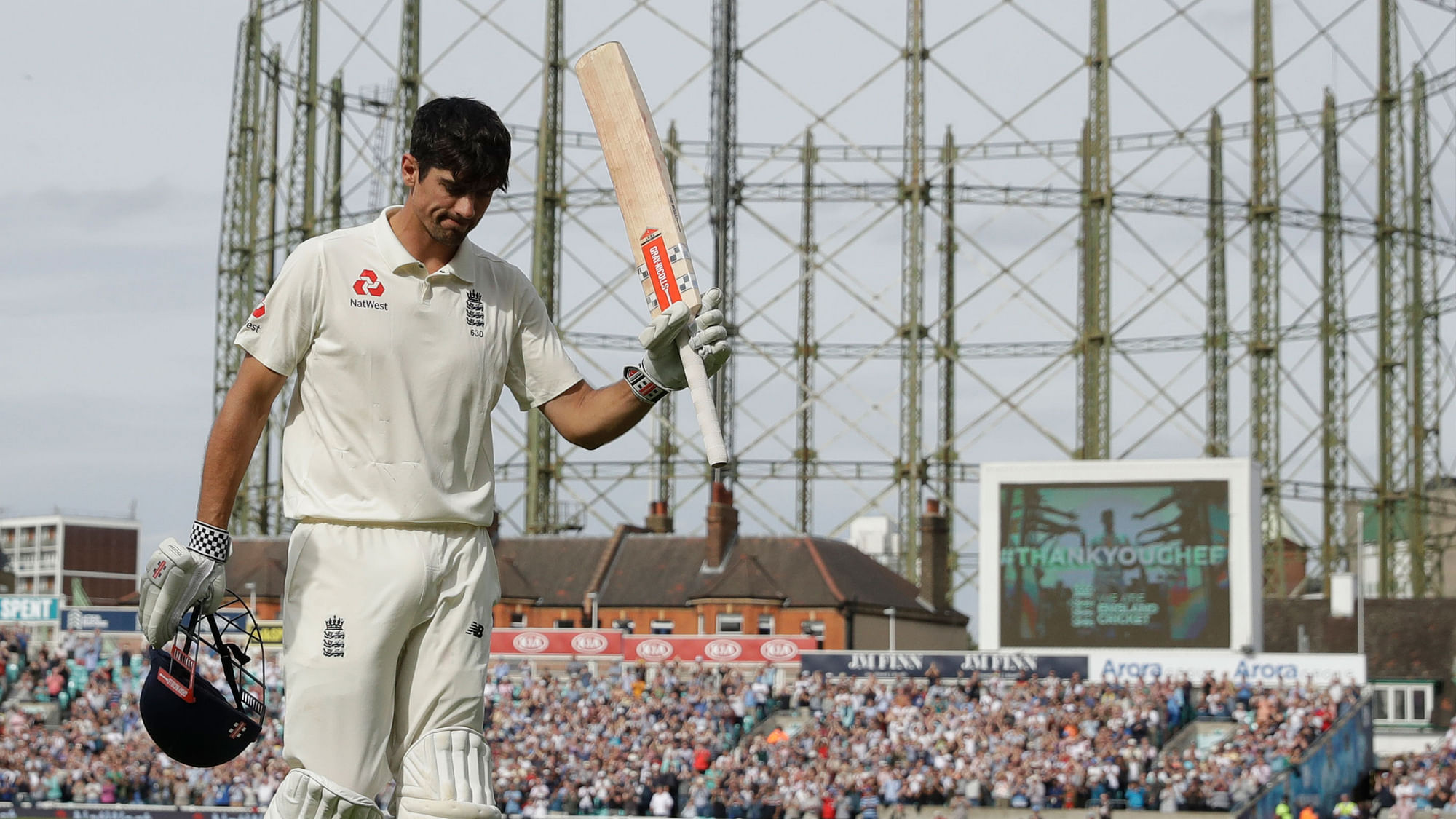 England’s Alastair Cook, in his last ever batting innings before retiring from test cricket, walks off the field of play after losing his wicket.