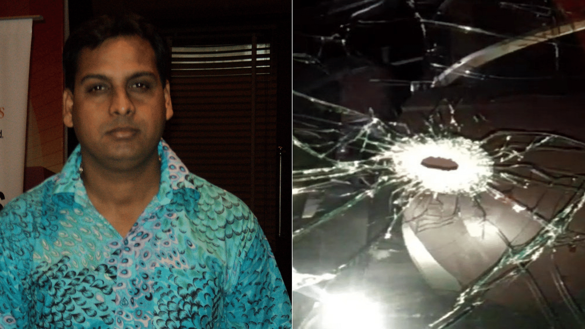 (Left) Vivek Tiwari, who was shot dead. (Right) The windshield of his car.&nbsp;