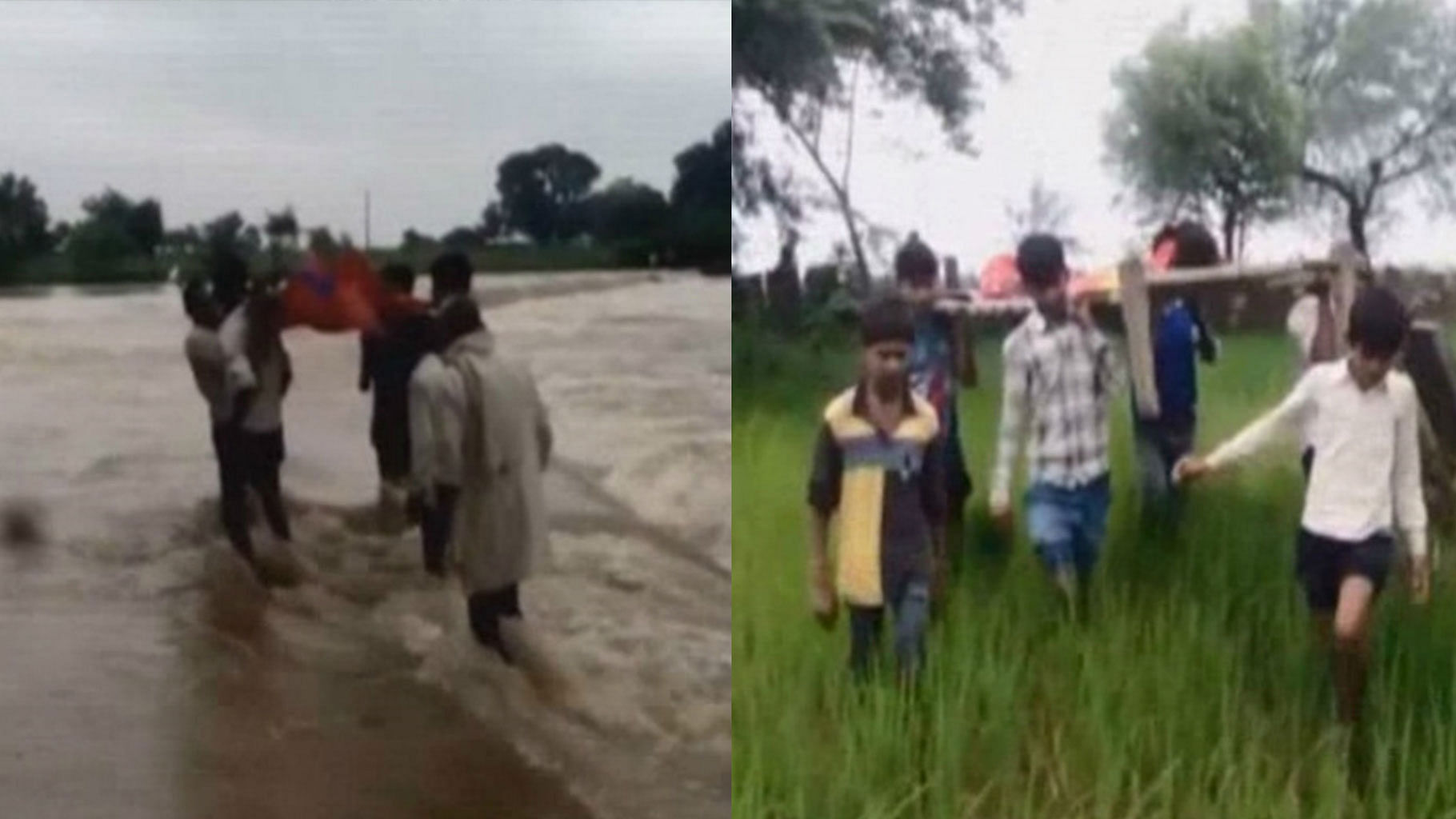 Villagers carry sick woman on a cot