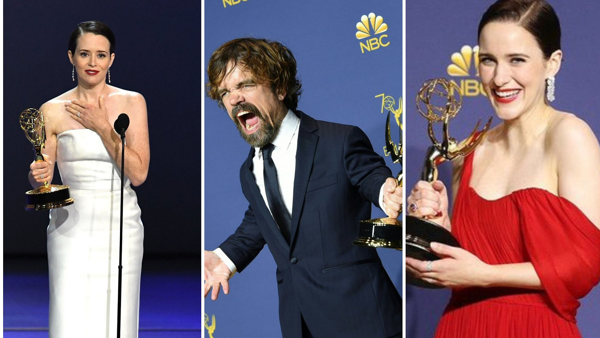Claire Foy, Peter Dinklage and Rachel Brosnahan with their trophies.&nbsp;