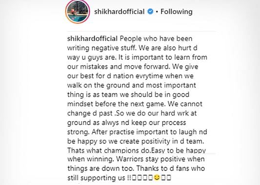 “We give our best for the nation every time we walk on the ground,” Dhawan replied in his latest Instagram post. 