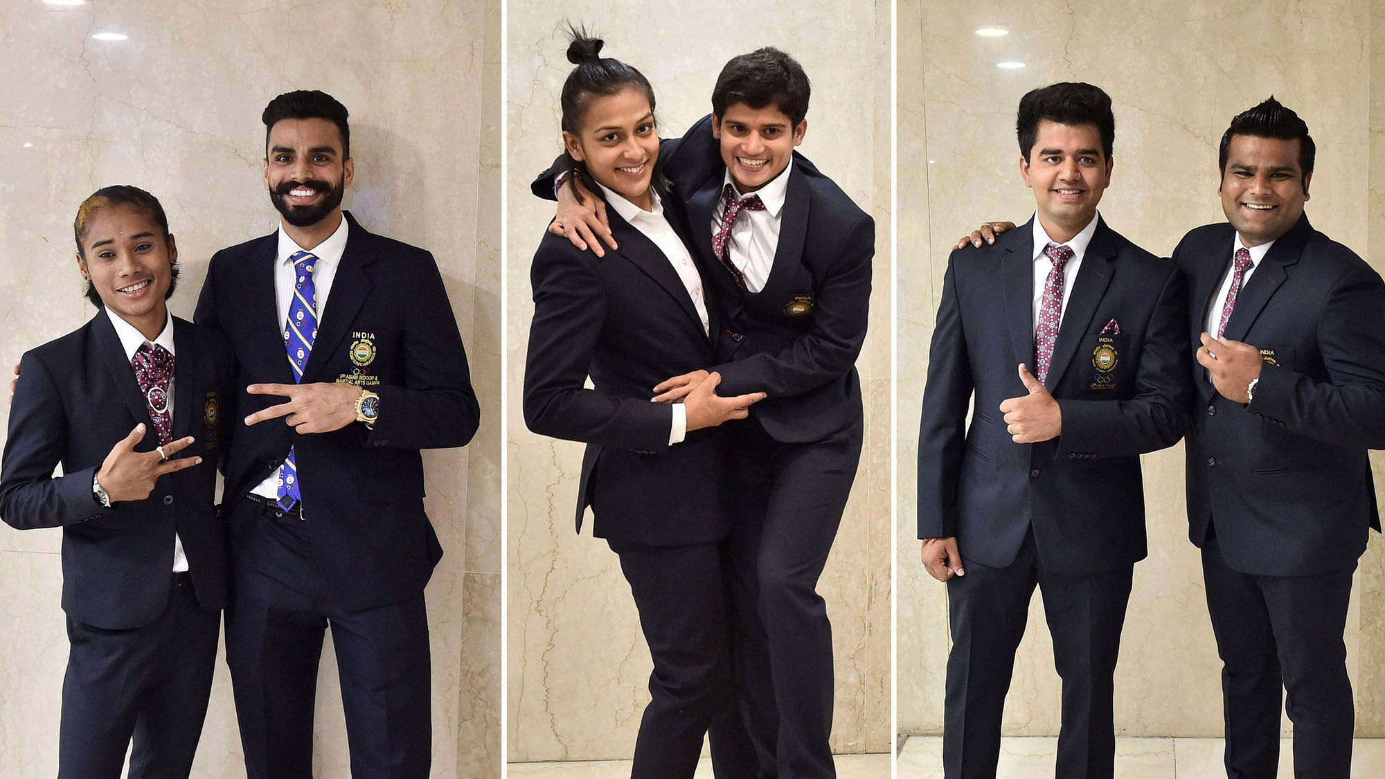 Hima Das, Arpinder Singh, Pincky Balhara, Malaprabha Jadhav, Aman Saini and Rajat Chauhan pose for a photograph ahead of the Asian games felicitation ceremony in New Delhi on Tuesday.